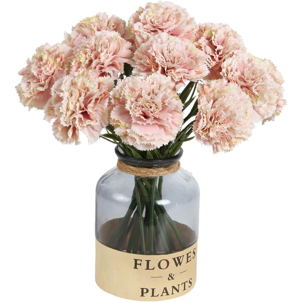 Flores artificiales de seda de clavel rosa claro, 15 piezas de clavel falso, flores artificiales rosas con tallos para decoración del hogar, boda, ramo de novia, aniversario, cumpleaños