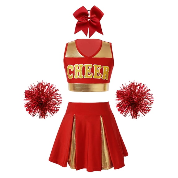 iiniim Girls Cheer Leader Kids Cheerleading Uniform with Accessories Carnival Party Size 6-16 B Red 10