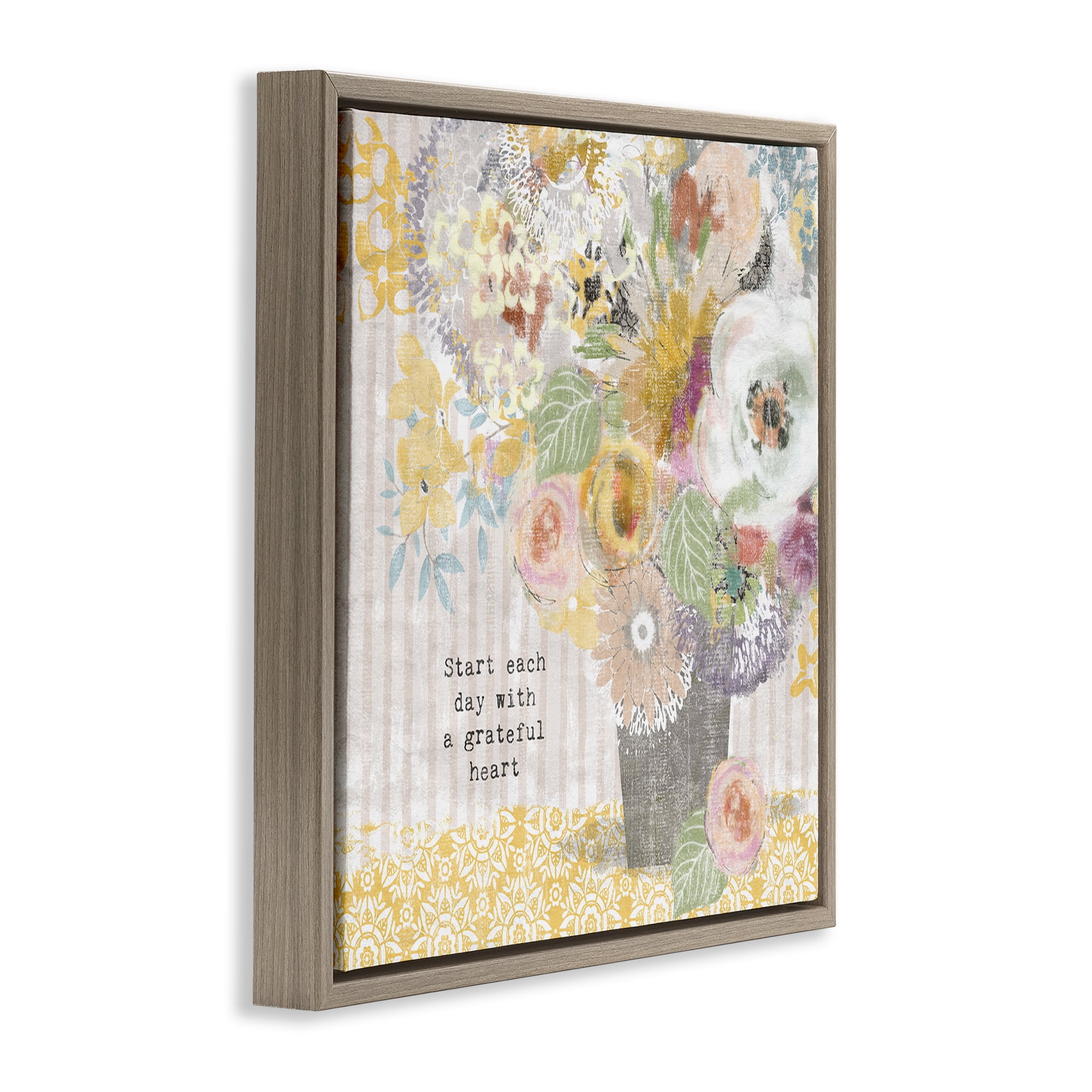 Stupell Industries Floral Inspirations Grateful Heart Brown Framed Floater Canvas Wall Art, design by Suzanne Nicoll