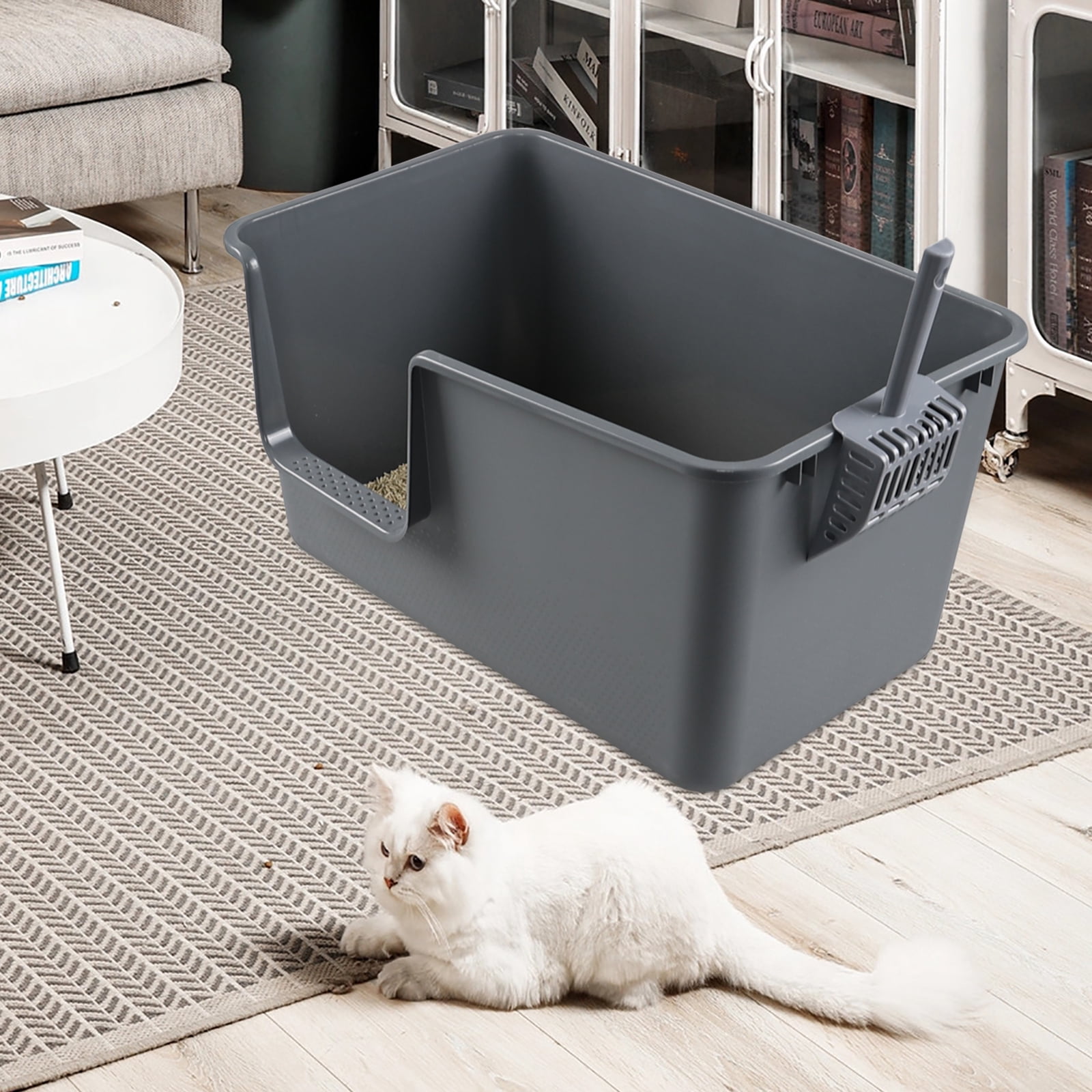 Qskely 4-Pack Large Open High Sided Cat Litter Box, Anti-Splashing Kitty Litter Box with Scoop, Gray