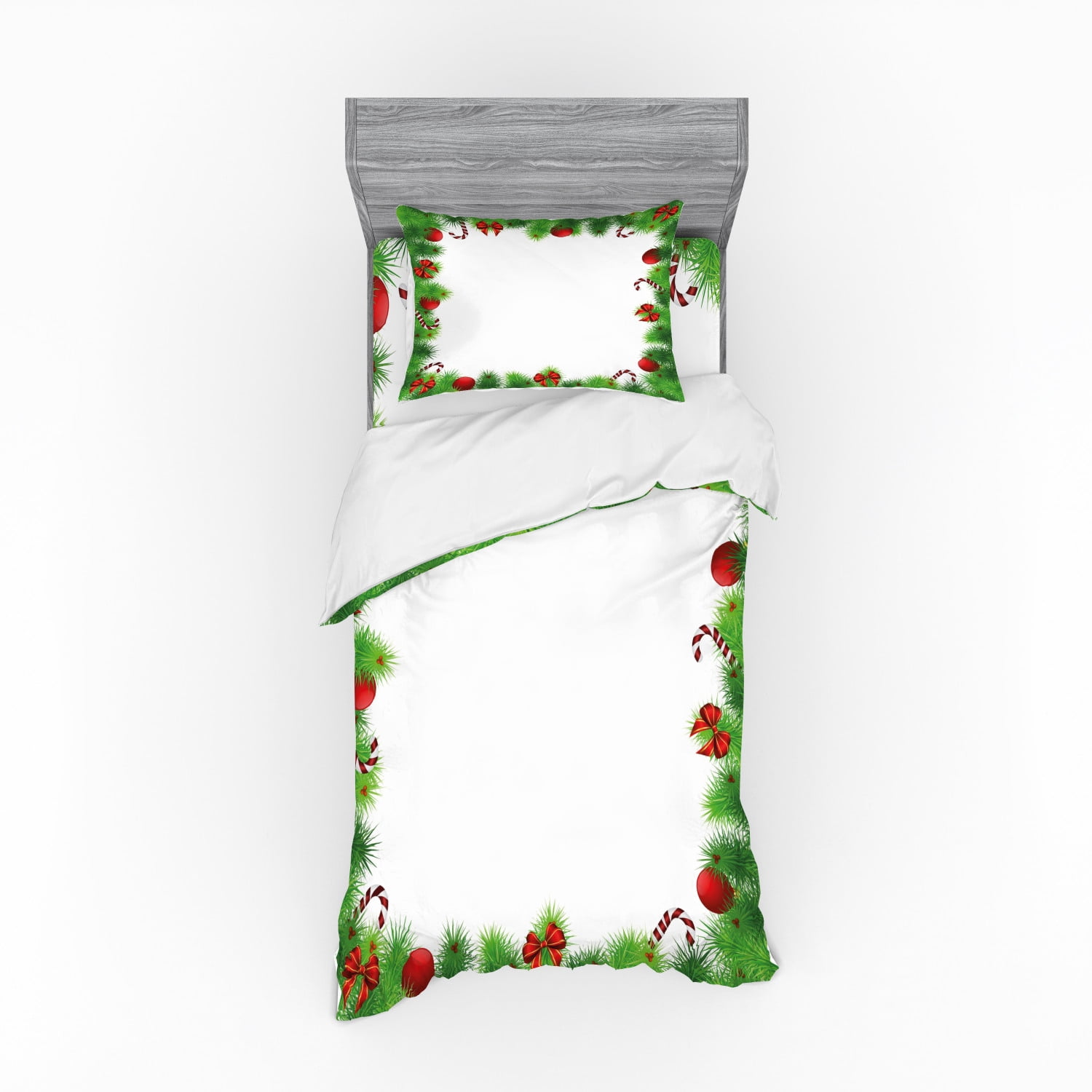 Christmas Duvet Cover Set, Green Pine Needles with Red Bows and Baubles