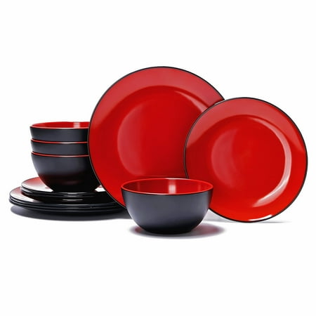 TP 12-Piece Dinnerware Set, Melamine Dishes Set with Bowls and Plates, Dinner Service for 4, Dishwasher Safe, Black and Red