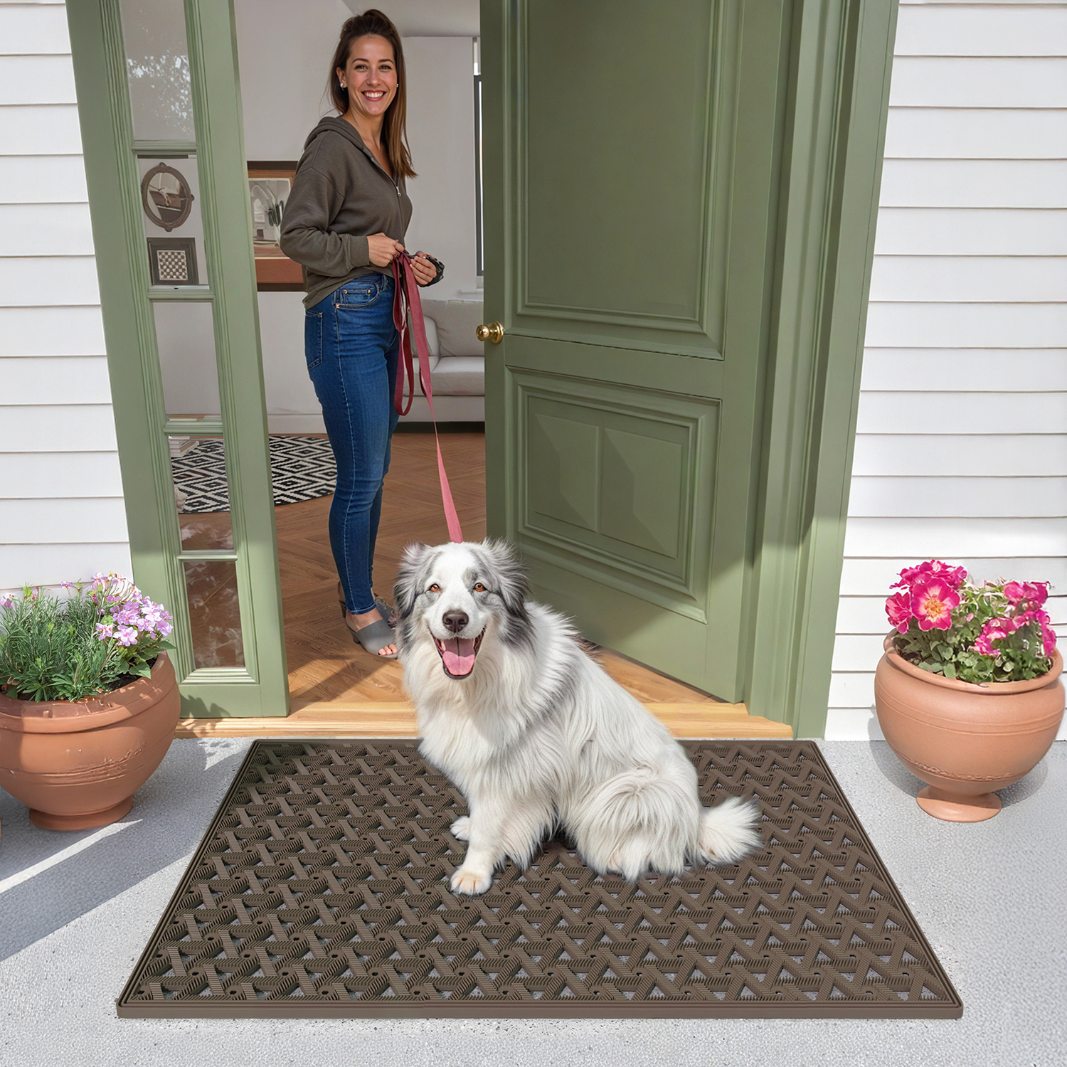PABUBE Outdoor Doormat , Waterproof and Heavy Duty Doormat for Outside, Low Pile Dirt Trapper Rubber Outdoor Mat and Non-Slip Welcome Mat for Front Doors, 19" x 29", Brown