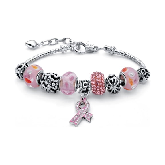 PalmBeach Jewelry Breast Cancer Awareness Pink Crystal Bali-Style Half Beaded Bracelet Adjustable in Silvertone 8"-10"