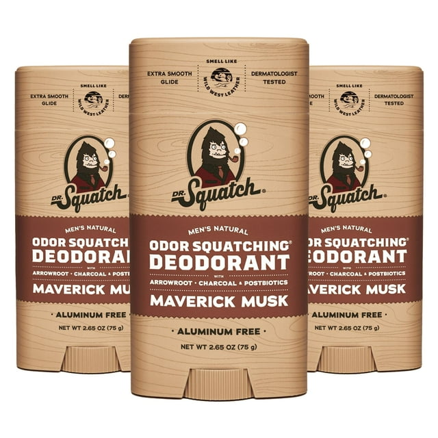Dr. Squatch Desodorante natural para hombres, paquete de 3 Maverick Musk, desodorante para hombres que elimina el olor, sin aluminio (paquete de 3 de 2,65 oz)