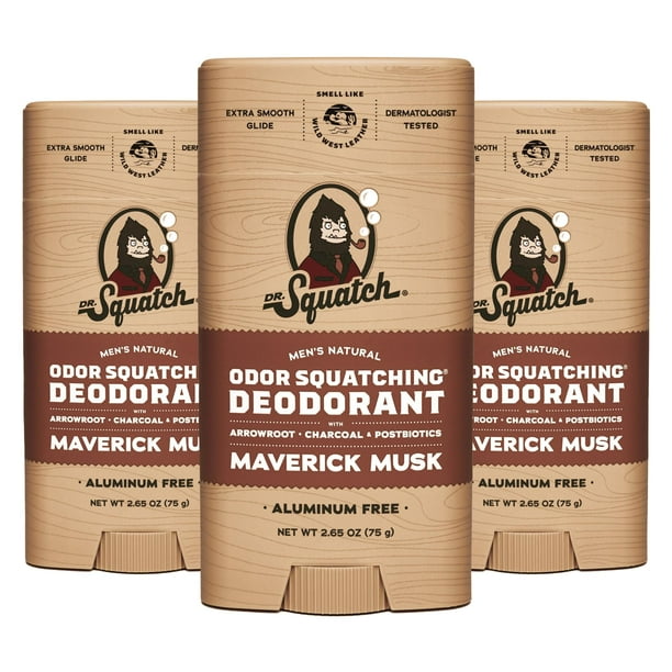 Dr. Squatch Desodorante natural para hombres, paquete de 3 Maverick Musk, desodorante para hombres que elimina el olor, sin aluminio (paquete de 3 de 2,65 oz)