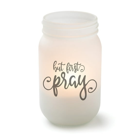 Personalized Planet But First Pray Frosted Glass Mason Jar Votive Candle Holder