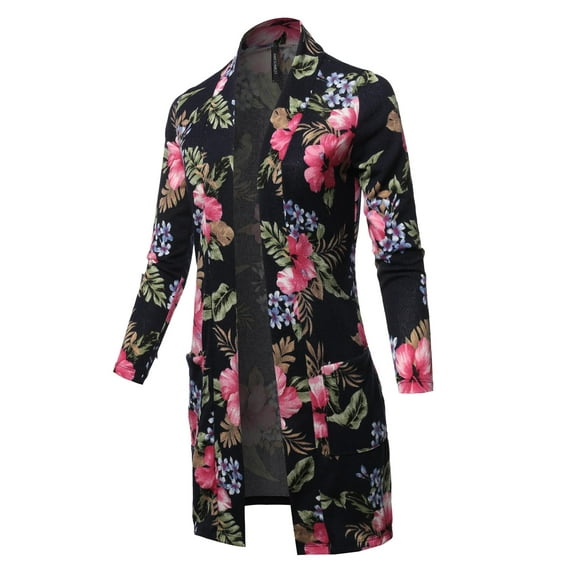 FashionOutfit Women's Casual Solid and Print Long Length Knit Cardigan