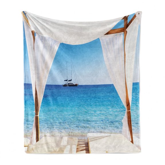 Balinese Soft Flannel Fleece Blanket, Beach Through Balinese Bed Summer Sunshine Clear Sky Honeymoon Natural Spa Picture, Cozy Plush for Indoor and Outdoor Use, 50" x 60", Blue White, by Ambesonne