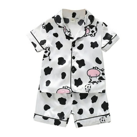 

Bullpiano Comfortable stylish Boys And Girls Ice Silk Cartoon Cow Print Pajamas Short Sleeve + Shorts Set Cute cartoon cow style pajamas