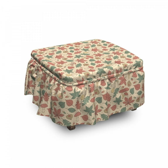 Botanical Ottoman Cover, Scene of Leaves Mushrooms, 2 Piece Slipcover Set with Ruffle Skirt for Square Round Cube Footstool Decorative Home Accent, Standard Size, Champagne Peacock Green, by Ambesonne