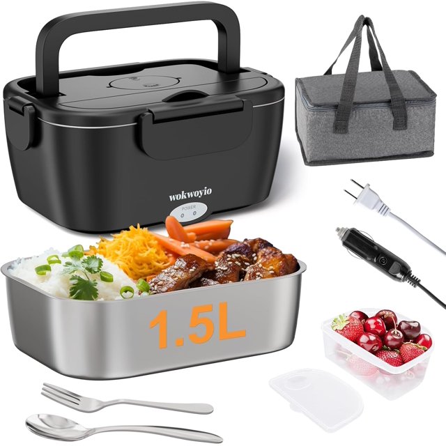 WOKWOYIO Electric Lunch Box 75W - 12V/24V/110V 3-in-1 Heated Lunch Box for Men & Women - 1.5L Portable Food Warmer for Car/Truck/Office/Travel with Fork, Spoon & Insulated Lunch Bag (Black)