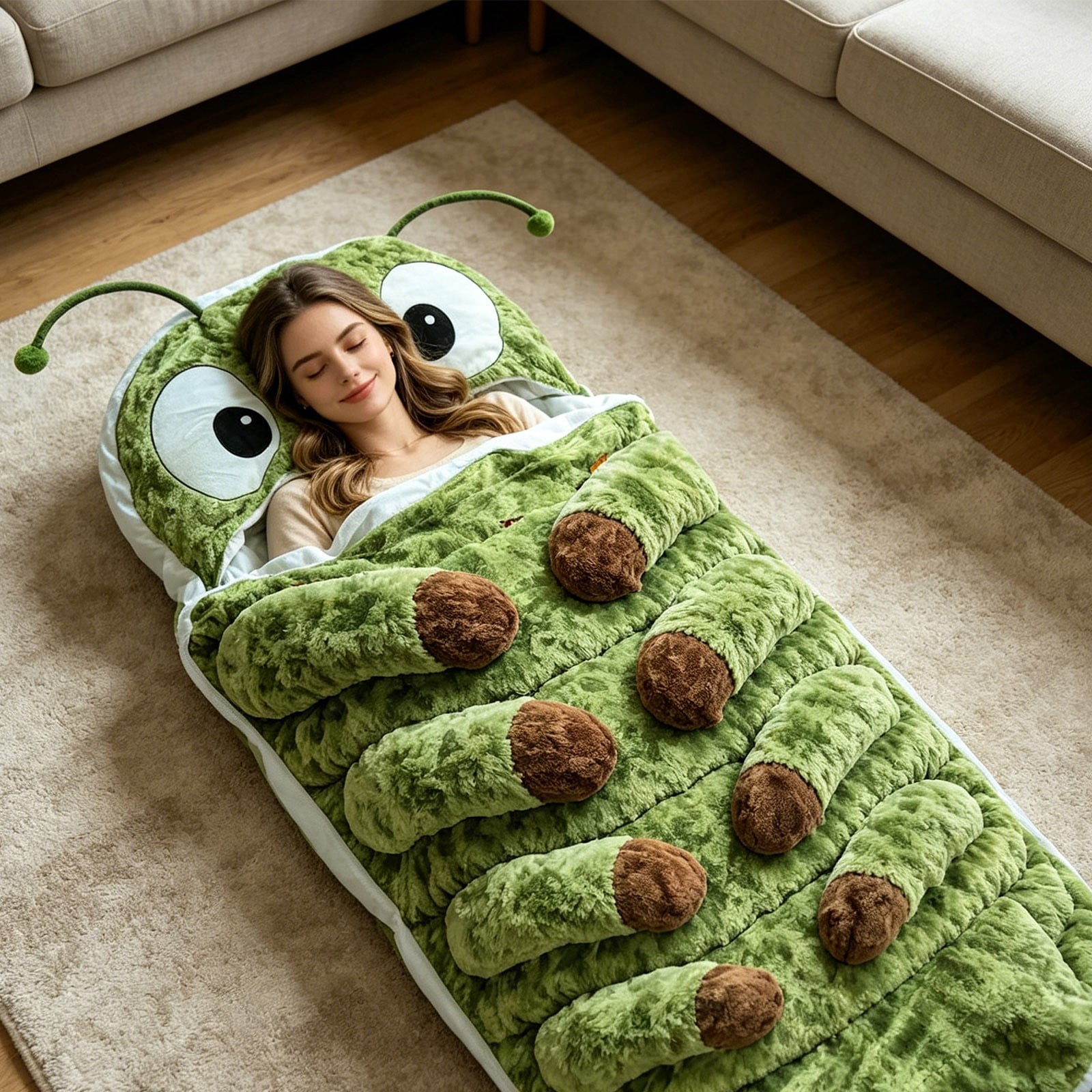 Caterpillar Shaped Plush Sleeping Bag for Adults, Cozy Hugging Cocoon Sleeping Bag with Pull Cord, Soft Fleece Wearable Lounger for Napping, Reading, and Movie Nights,74.8*29.9 in.Green