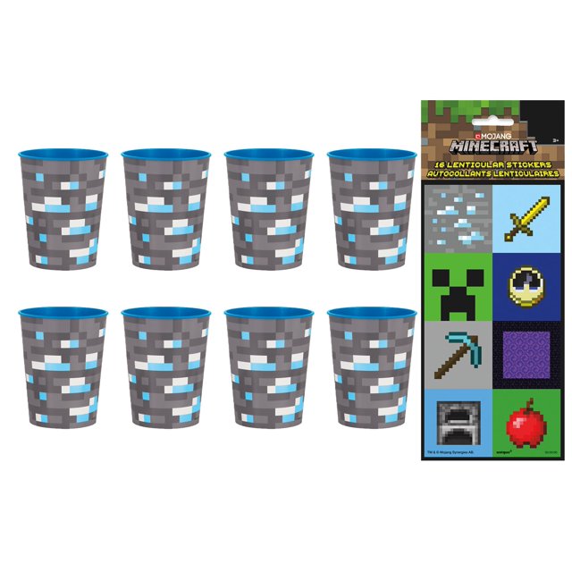 Minecraft Ultimate Party Bundle: Official 24-Piece Set - Themed Birthday or Anniversary Party Solution with 8 Plastic Cups & 16 Stickers Pack - Unbeatable Value and Fun!