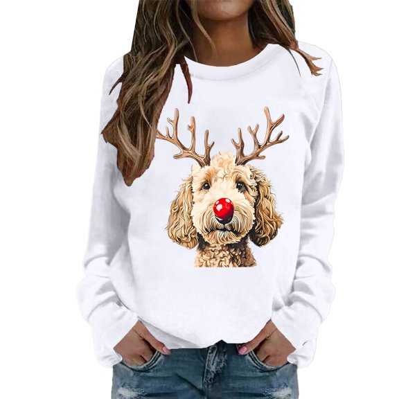 Wang6 Womens Plus Size Graphic Sweatshirts Trendy Xmas Cute Dog Printed Crew Neck No Hood Pullovers Causal Long Sleeve Loose Fit Tops Shirts White XL