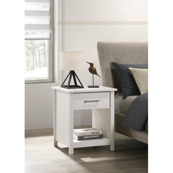 Youmumeub 20"W White Nightstand with One Drawer and Open Shelf, Silver Metal Handles for Modern Bedrooms