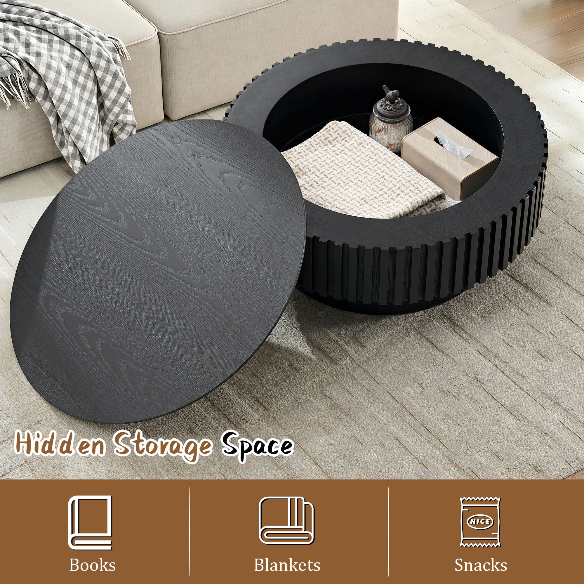 FFH 31.5" Round Coffee Table with Storage, Small Wood Coffee Table with Sturdy Pedestal for Living Room, Apartment, Black