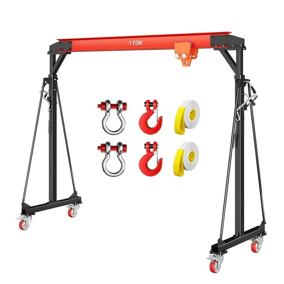 1 Ton Adjustable Gantry Crane, 2200LBS Capacity with Manual Trolley & Hook, 8-12FT Height Adjustable Shop Hoist for Warehouse, Factory - Portable Steel Frame