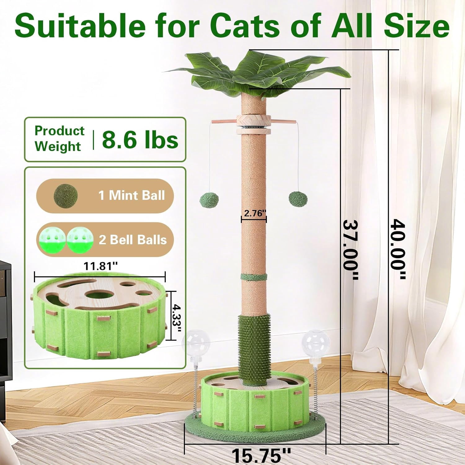 40 Inch Tall  Scratching Post with Rotating Ball and Treat Dispenser for Indoor Cats