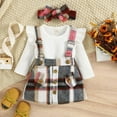 thumbnail image 5 of Odeerbi Girls Bib Overall Dress Baby Clothes Infant Strip Cotton Open Button Top With Plaid Skirt Butterfly Knot Hairband Three Piece Set Red, 5 of 9