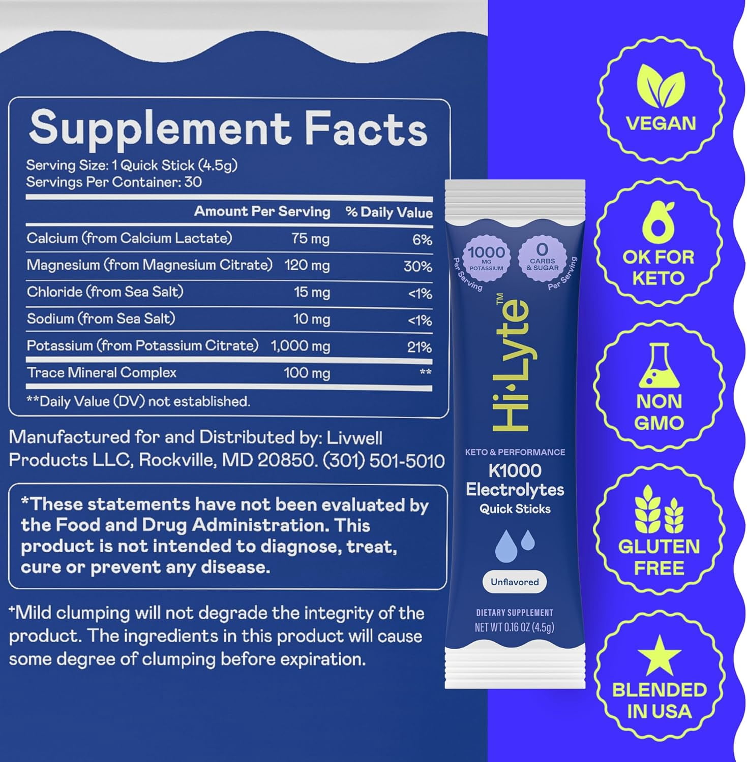 Hi-Lyte Keto K1000 Hydration Packets | Unflavored | Electrolyte Powder Drink Mix | Boost Energy & Beat Leg Cramps | No Maltodextrin or Sugar | 30 Servings
