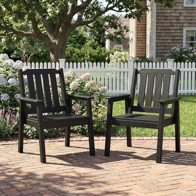 EliteEdge Set of 2 23.9" Wide HDPE Patio Dining Chairs, 650LBS Capacity All-Weather Armchairs with Slatted Seat, Heavy Duty Modern for Garden, Poolside, Deck,Black