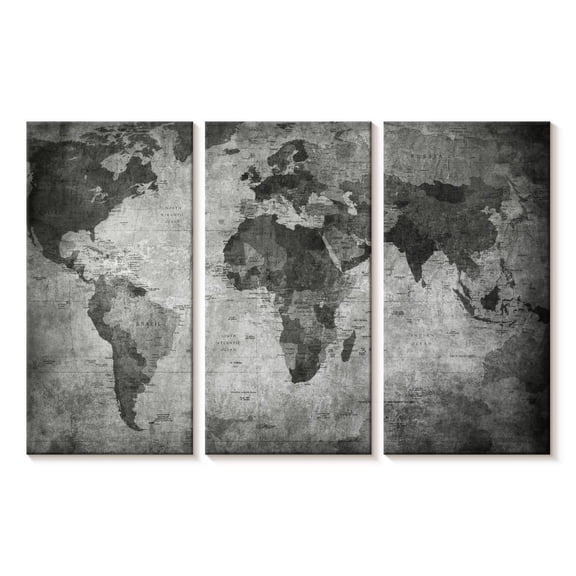Elephant Stock Monochromatic World Map Wall Art - Horizontal Multi Panel Canvas - Living Room Wall Decor - Map Multi Panel - Gray And Decor - 23" x 14"