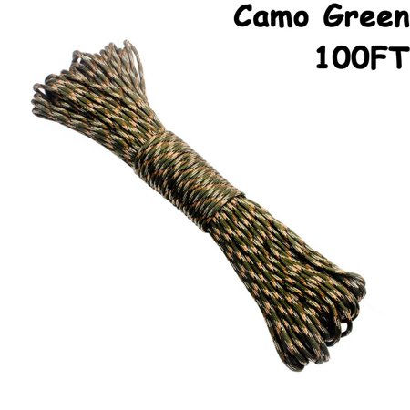 25/50/100FT 550 LB Survival  Camping Hiking Climbing Outdoor Tools 7 Strand Cord Paracord Parachute Rope Lanyard CAMO GREEN 100FT