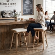 Guyou 26 Swivel Counter Height Bar Stools Set of 2, Modern Backless Counter Height Bar Stools with Linen Upholstered, Farmhouse Bentwood Saddle Seat Wooden Island Chairs for Kitchen Pub, Beige