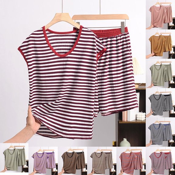 Avtoify Casual Loose Stripe Round Neck Short Sleeve Shorts Pajamas Suit Womens Lounge Set