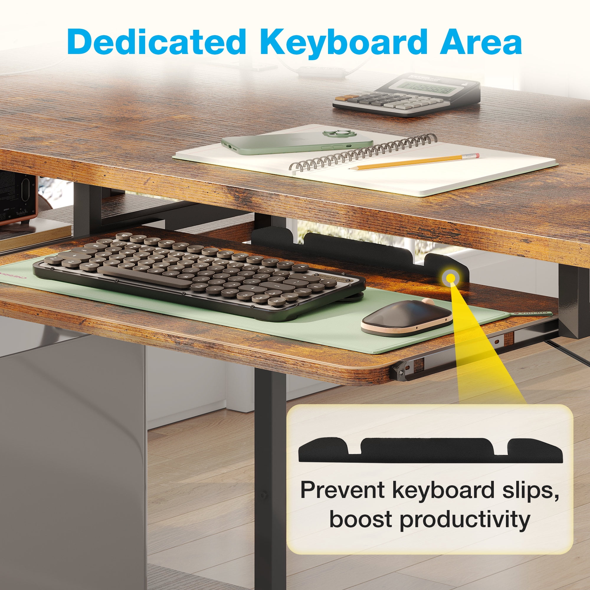 63 inch Office Desk with Power Outlet and Adjustable Monitor Stand, Computer Desk with Fabric Drawer and Keyboard Tray, Gaming Desk with LED Light & PC Stand, Vintage