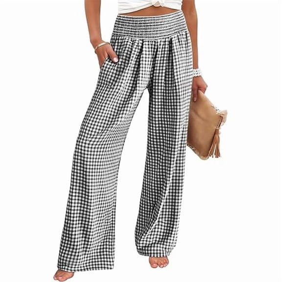 Womens Wide Leg Gingham Vacation Pants - High Waisted Striped Beach Trousers - Lightweight Cropped Plaid Palazzo Pants - Flowy Summer Travel Essential (2026)