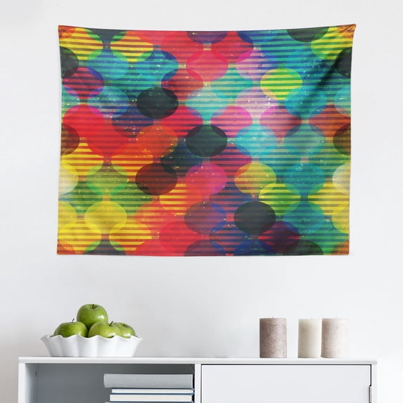 Geometric Circle Tapestry, Dispersed Ring Motifs with Structural Circuit Bands Western Art Layout Art, Fabric Wall Hanging Decor for Bedroom Living Room Dorm, 2 Sizes, Grey, by Ambesonne