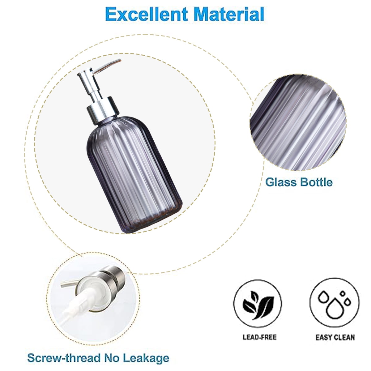 Clear glass soap dispenser with rust-proof stainless steel pump refillable bathroomgrey