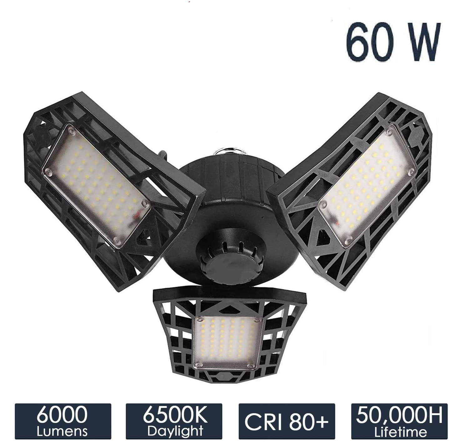 LED Garage Lighting 6000 Lumens Security Ceiling Light E27 Deformable Shop Lamp with 3 Adjustable Panels 6000K Daylight 