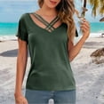 thumbnail image 2 of Holzkary Short Sleeve Shirts for Women Criss Cross V Neck Plus Size Solid Color Loose Tshirts Summer Fall Tops Casual Fashionable V Neck Sleeve Hanging Neck Hollow Short Sleeved Top Blackish Green L, 2 of 9