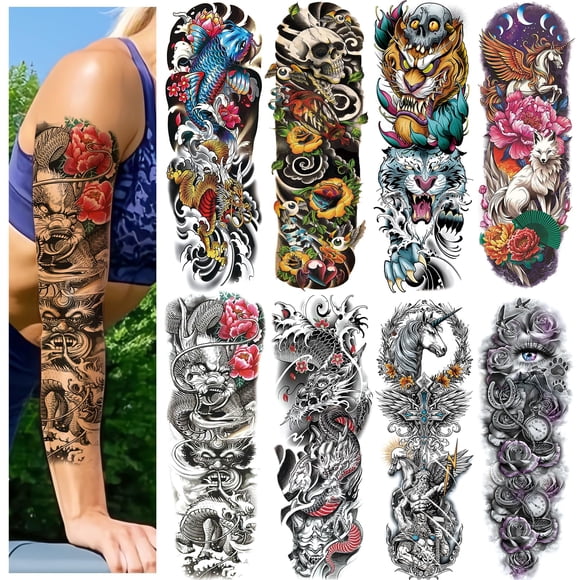 8 hojas de tatuajes temporales de brazo completo para hombres adultos Temp tatuajes manga para mujeres impermeable cuerpo brazo pecho hombro flor tigre dragón pez cráneo falso tatuaje pegatinas animal