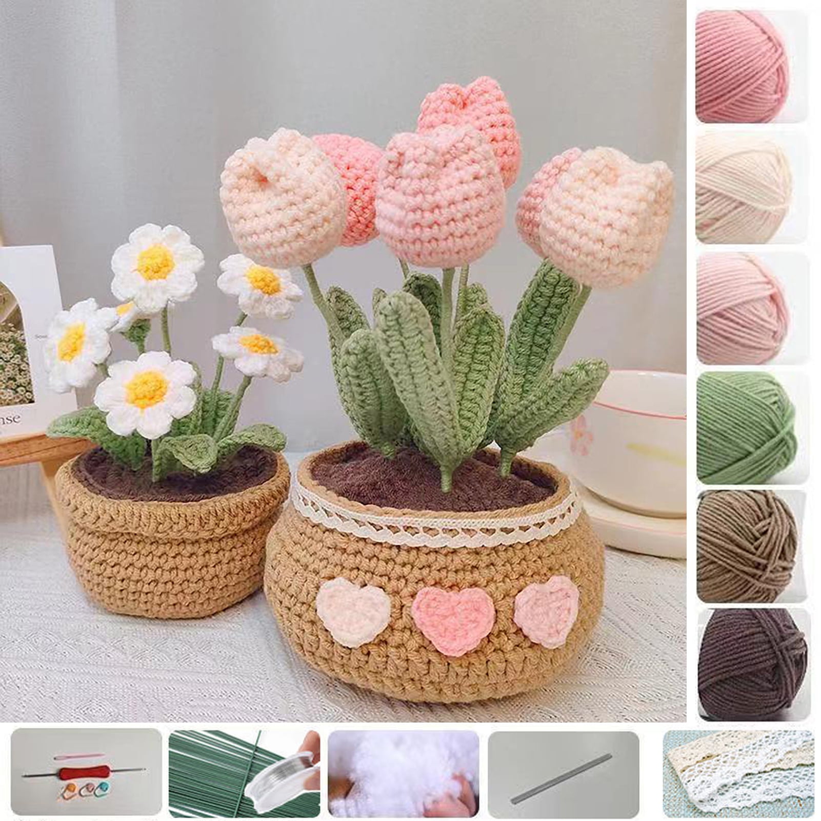 Crochet Knitting Kit for Beginners Multicolored Potted Tulip Step