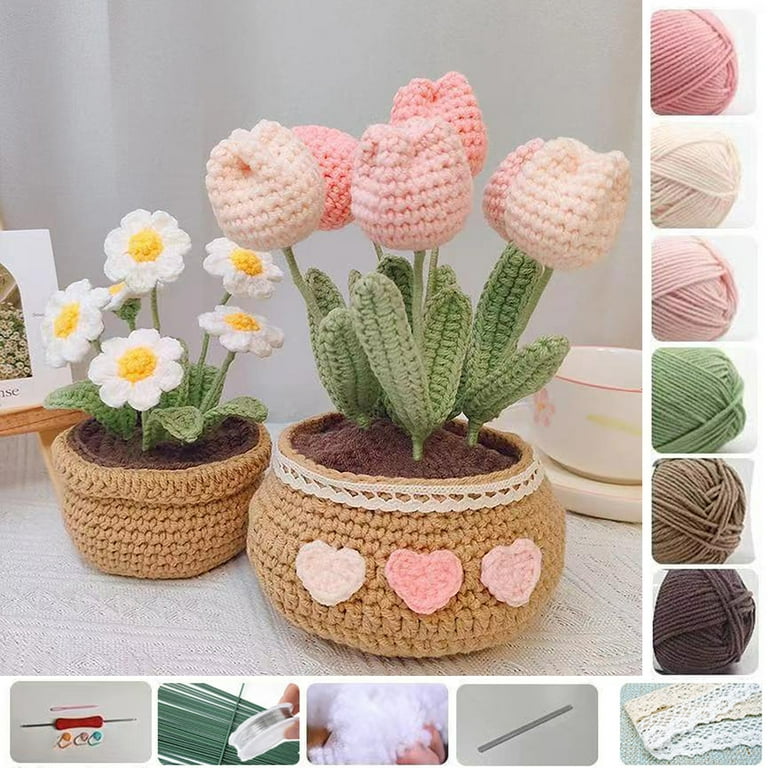 FREEBLOSS Tulip Crochet Kit Crochet Flowers Kit Crochet Starter Kit Crochet  Kits for Beginners Crochet Potted Plant Flowers Learn to Crochet with
