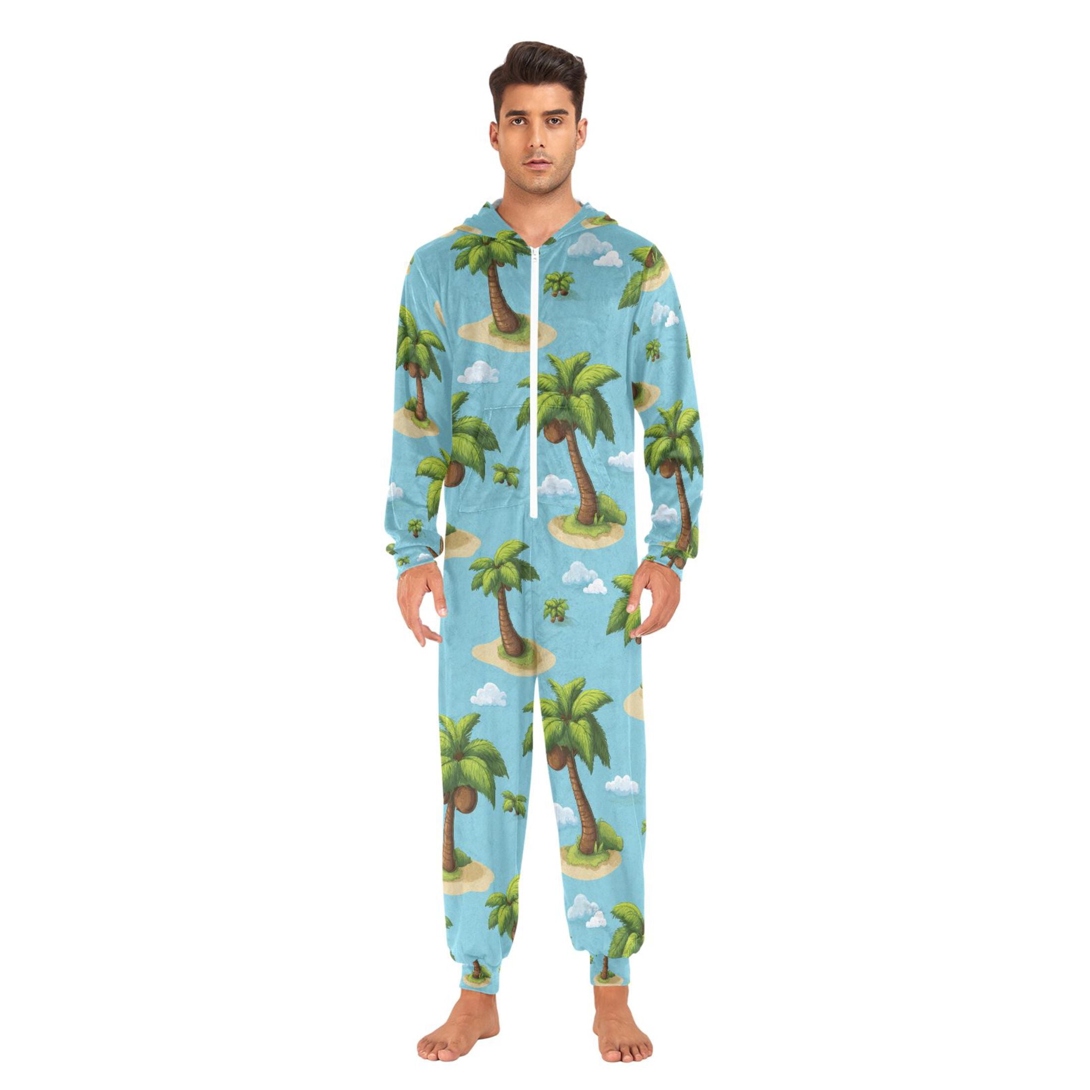 Adult Christmas Onesie Coconut Trees Adult Zipper One-Piece Pajamas Unisex Pajamas with Pockets