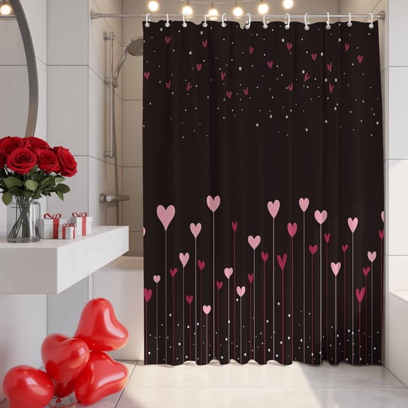 Valentine's Day Pink Love Heart Black Shower Curtain, 72" x 72", Waterproof Bathroom Curtain Washable Shower Curtain Set with 12 Hooks