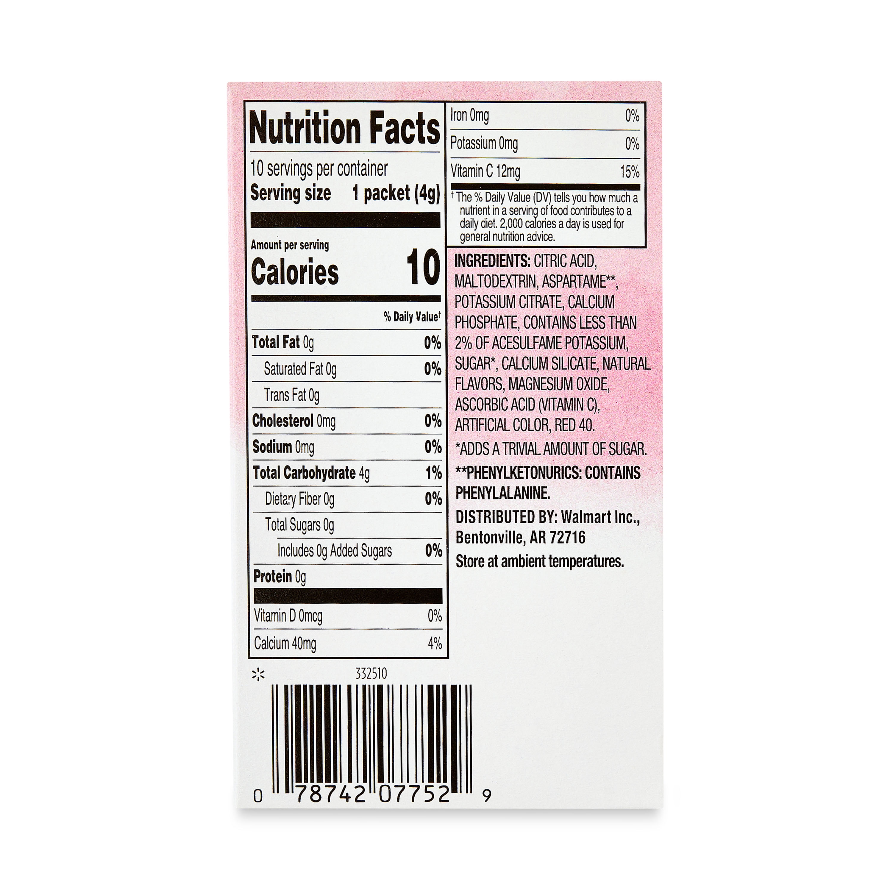 (12 pack) Great Value Sugar-Free Pink Lemonade Drink Mix, 0.14 oz, 10 Count