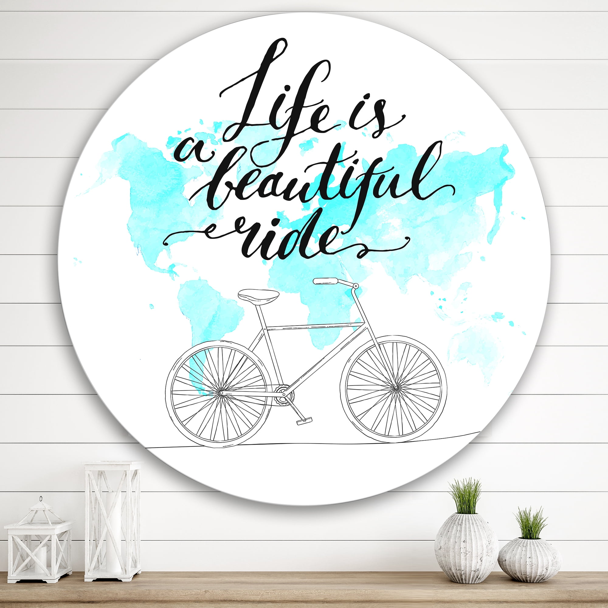 Designart 'Life Is A Beautiful Ride With Bicycle' Traditional Circle Metal Wall Art 36x36 - Disc of 36