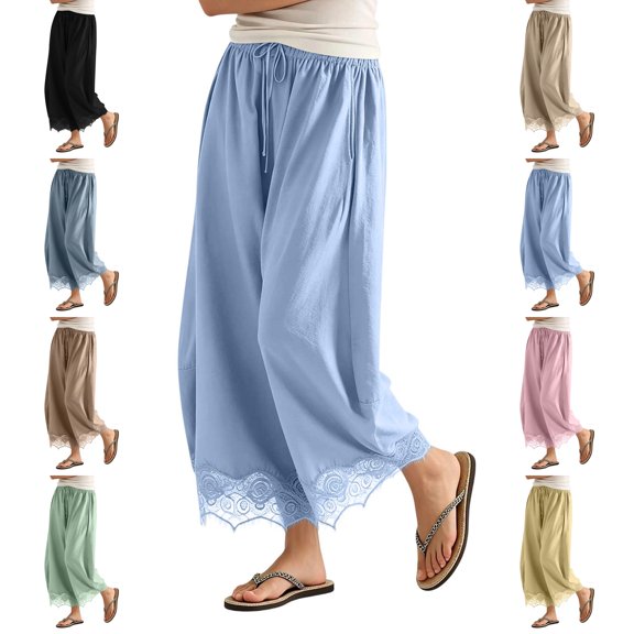 MLCDZ Lace Wide Leg Pants for Women Elastic Waist Drawstring Summer Lightweight Breathable Casual Pants Home Indoor Activities Trousers with Pockets