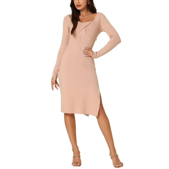 INSPIRE CHIC Women's Fashion Long Sleeve Slim Fit Ribbed Knit Sweater Midi Dresses Pink S