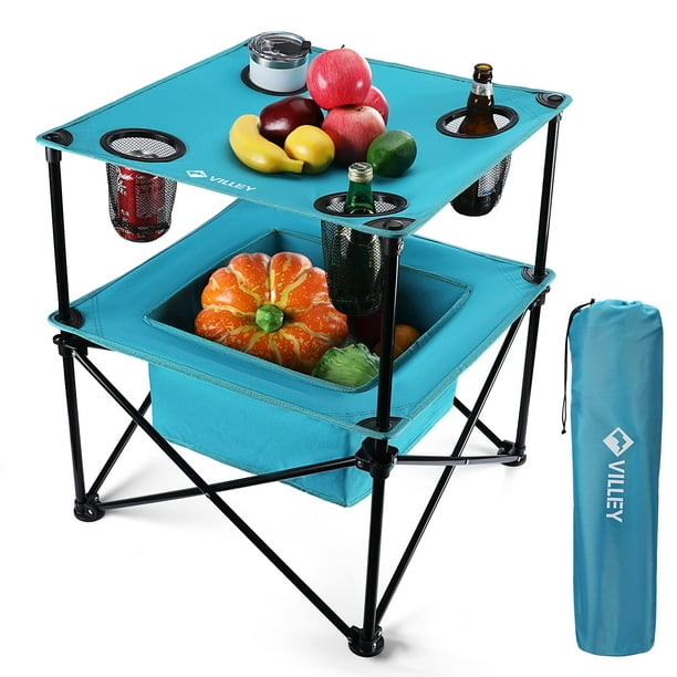 VILLEY Mesa de picnic portátil para acampar, mesa de playa plegable liviana con 4 portavasos y bolsa de transporte para campamento, viajes, pesca y actividades al aire libre