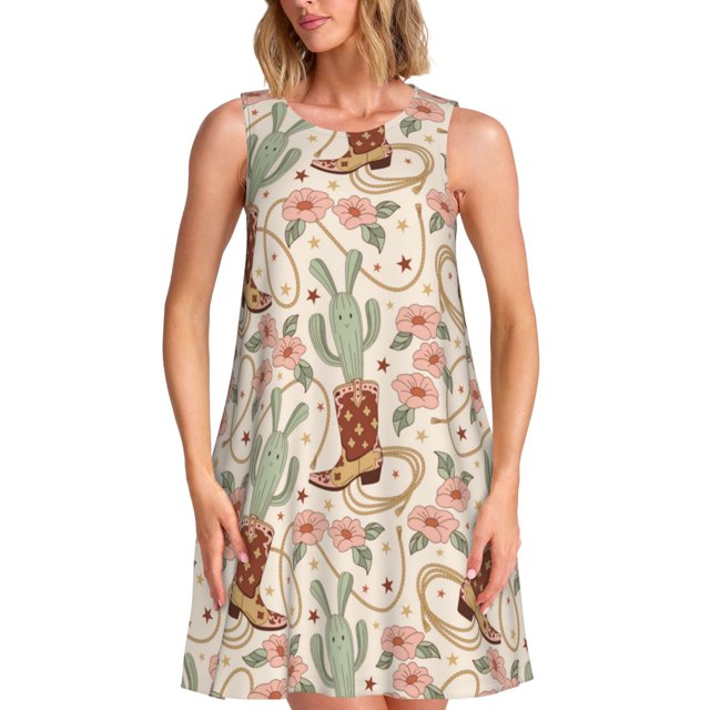 Balery Floral Cowboy Boots Vestidos de verano para mujer con estampado: vestido holgado sin mangas, vestido playero informal y cómodo para días calurosos.