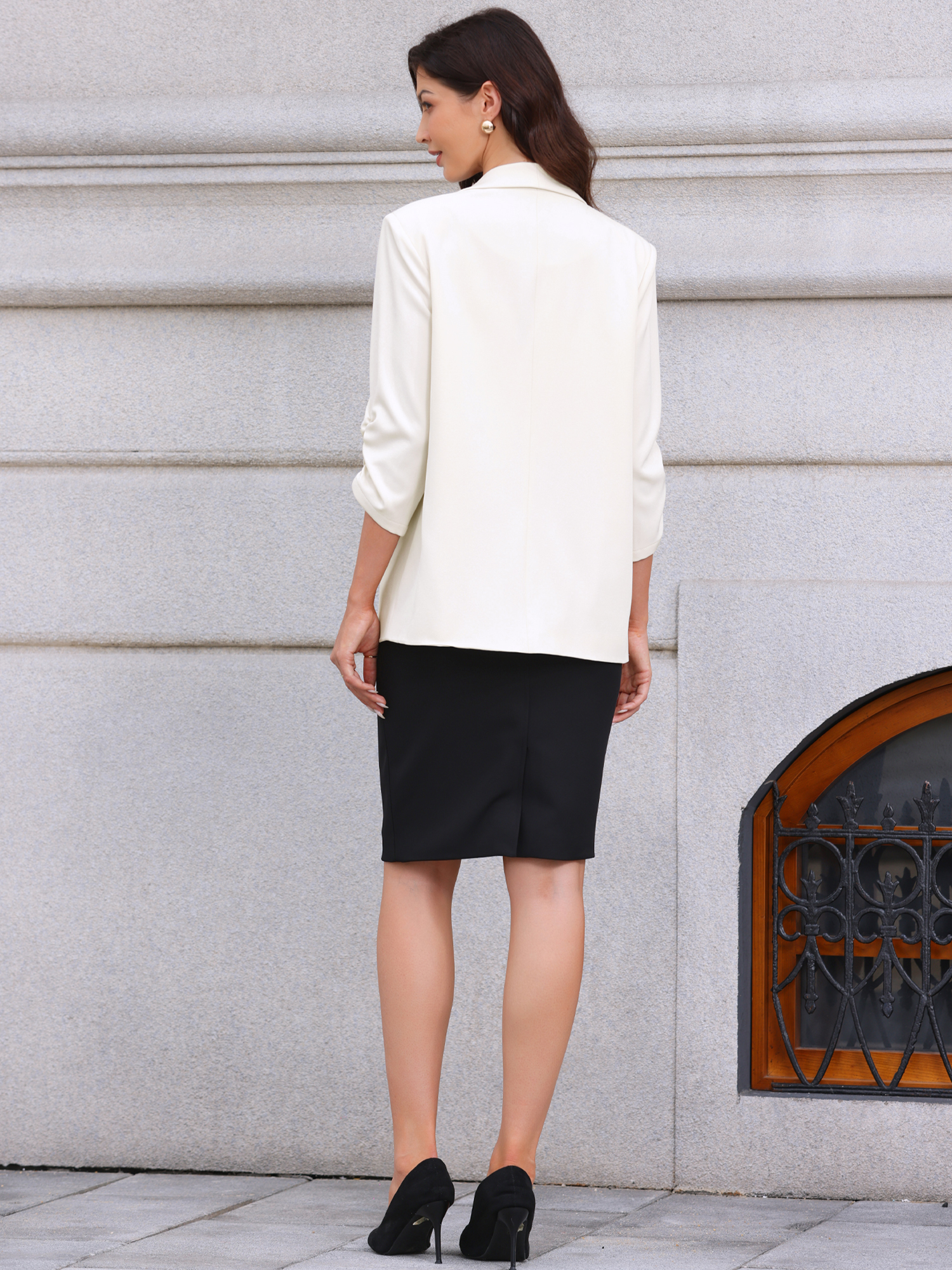 DARING DIVA Women's Ruched 3/4 Sleeve Shawl Collar Dressy Suit Jacket S Cream White