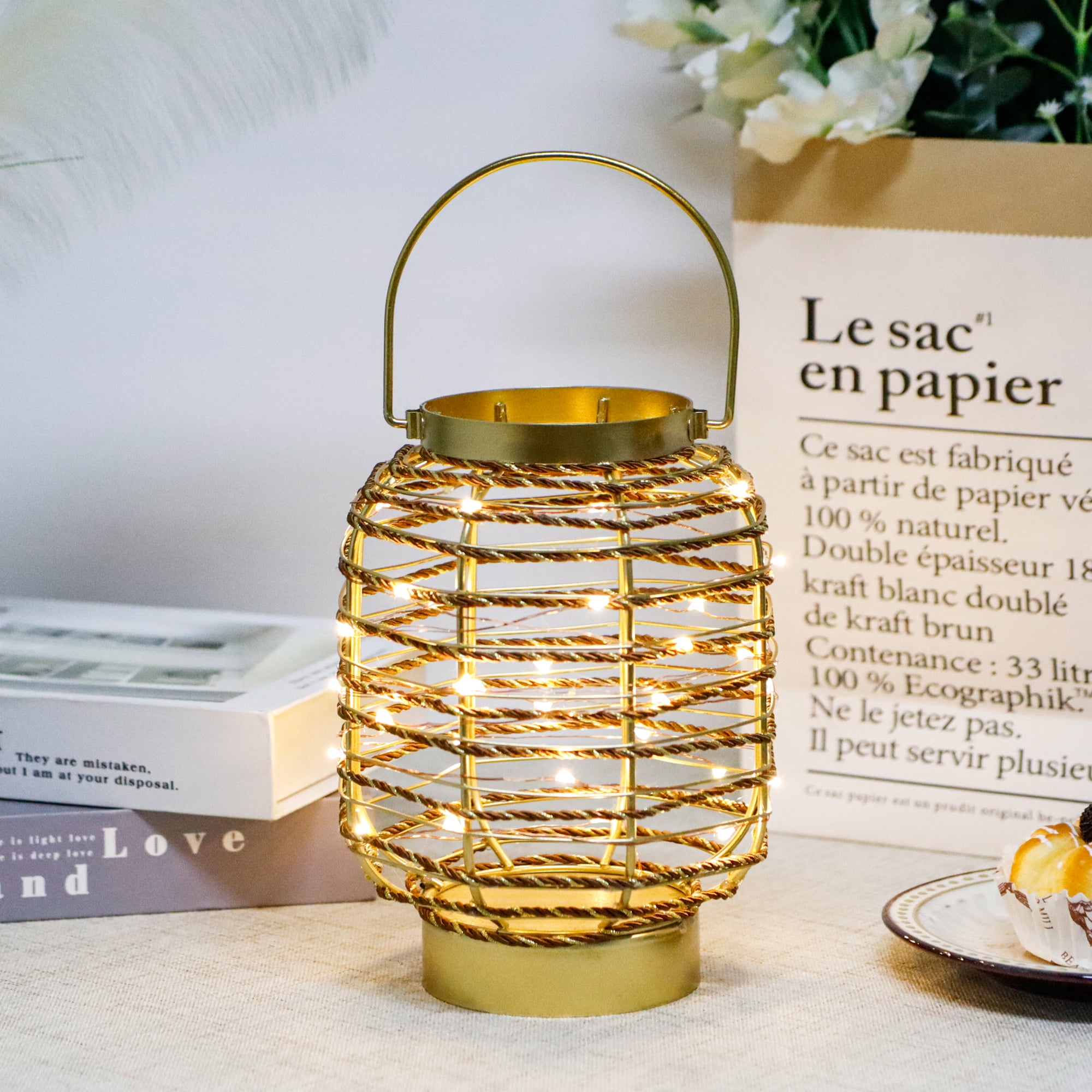 Battery Operated Table Lamp 7.7 "H Metal Cage LED Cordless Lamp with 6-Hour Timer, Vintage Decorative Fairy Lights Lantern for Indoor/Outdoor Bedrooms Weddings Parties Patio Events