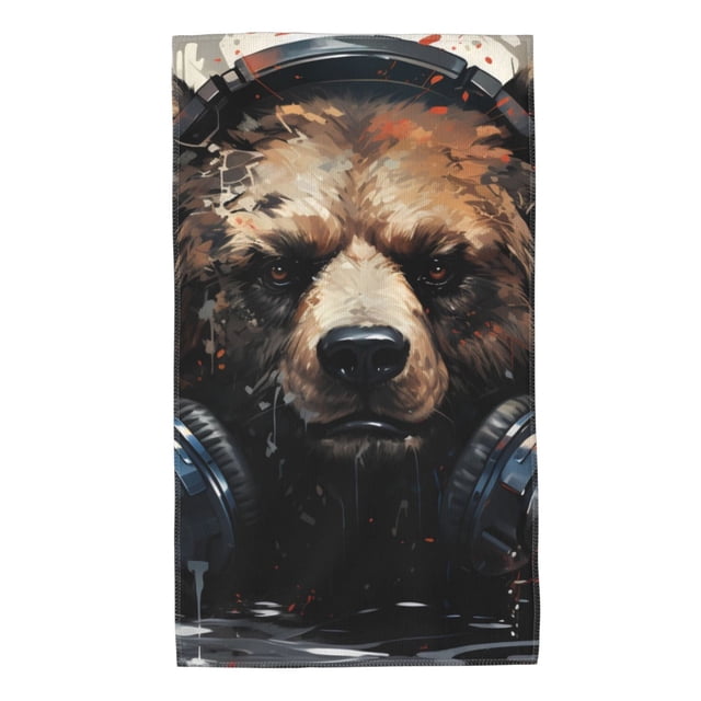 Balery Urban Bear With Headphones Toalla de Microfibra Premium con Estampado – 27.5x16 pulgadas, Alta Absorción, Suave y Aterciopelada, Secado Rápido